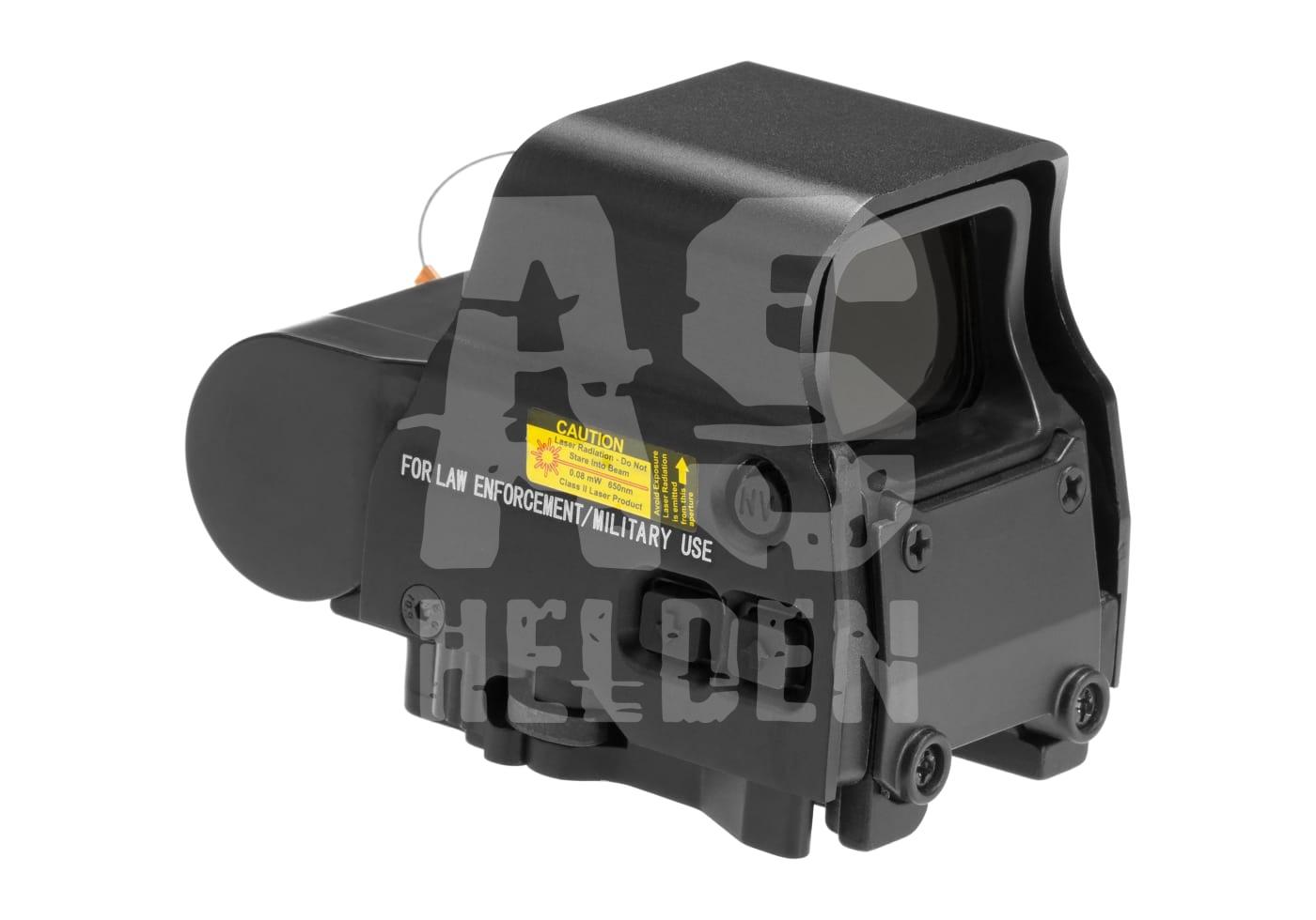 XPS 2-0 Red Dot Schwarzes Airsoft-Reflexvisier mit Halterungen und Warnaufkleber, ideal für präzises Zielen.