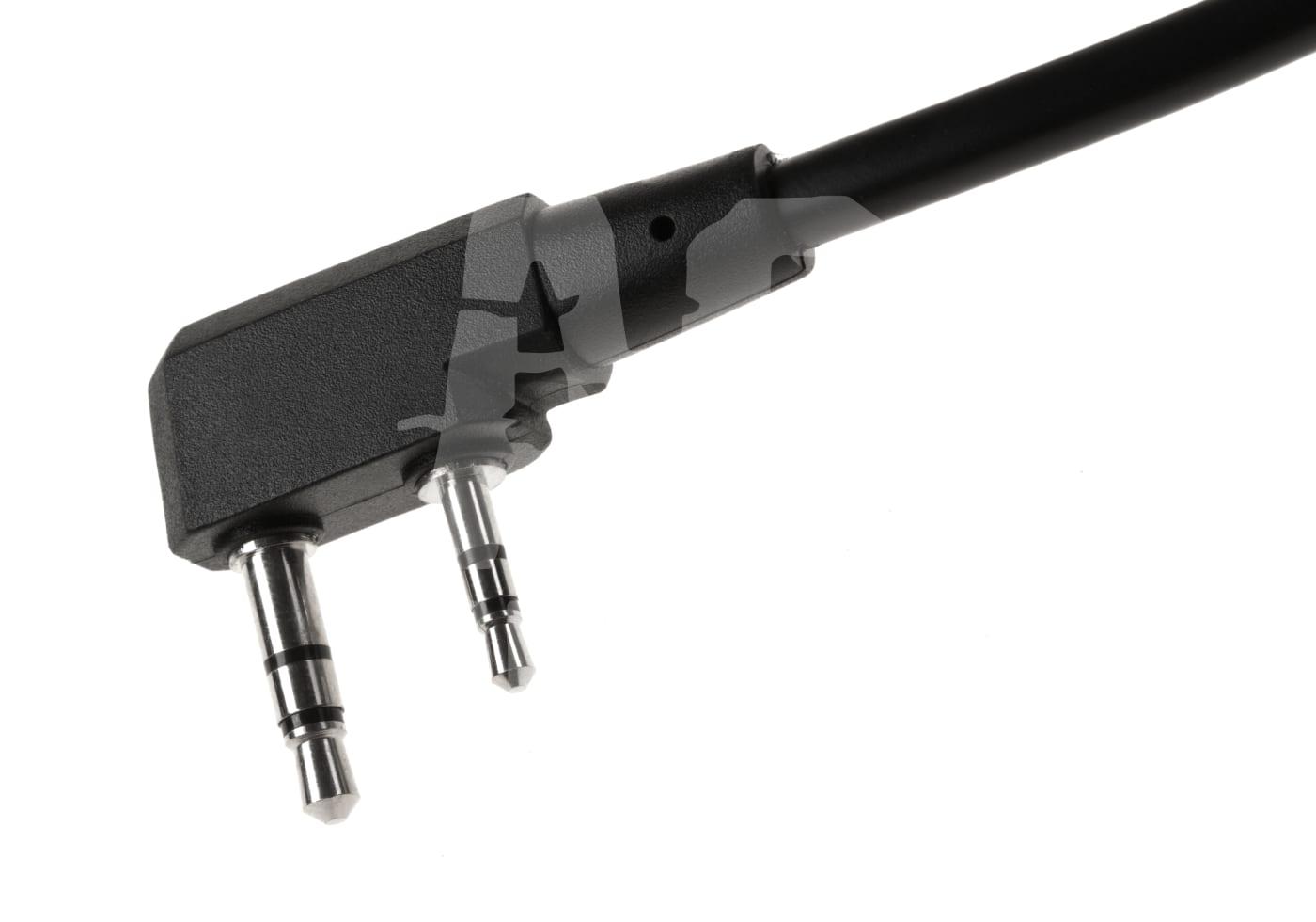 Zweipoliger Klinkenstecker für Airsoft-Kommunikationsgeräte, rechteckiger Anschluss, schwarzes Kabel.