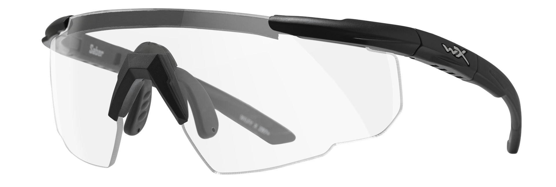 Sport-Schutzbrille mit transparenten Gläsern und schwarzem Gestell.