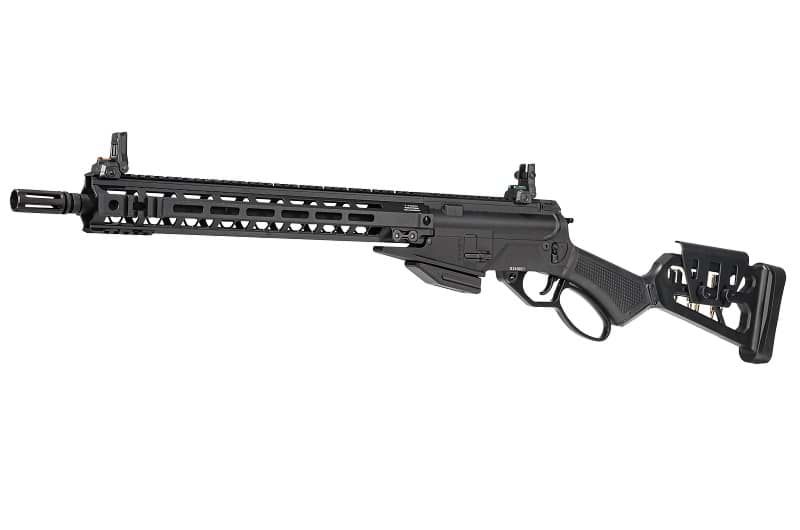 Schwarzes Airsoft-Gewehr mit modifiziertem Schaft und taktischer Schiene.