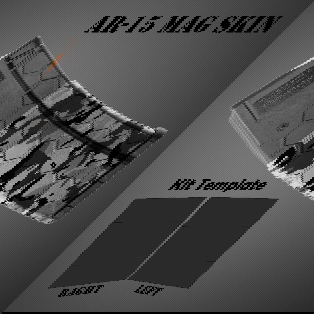 AR-15 Magazinskin mit Tarnmuster, Kit-Vorlage darunter, grauer Hintergrund.