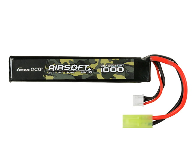 Airsoft-Akku mit Camo-Design, 1000mAh, rote und schwarze Kabel, grüne Steckverbindung.