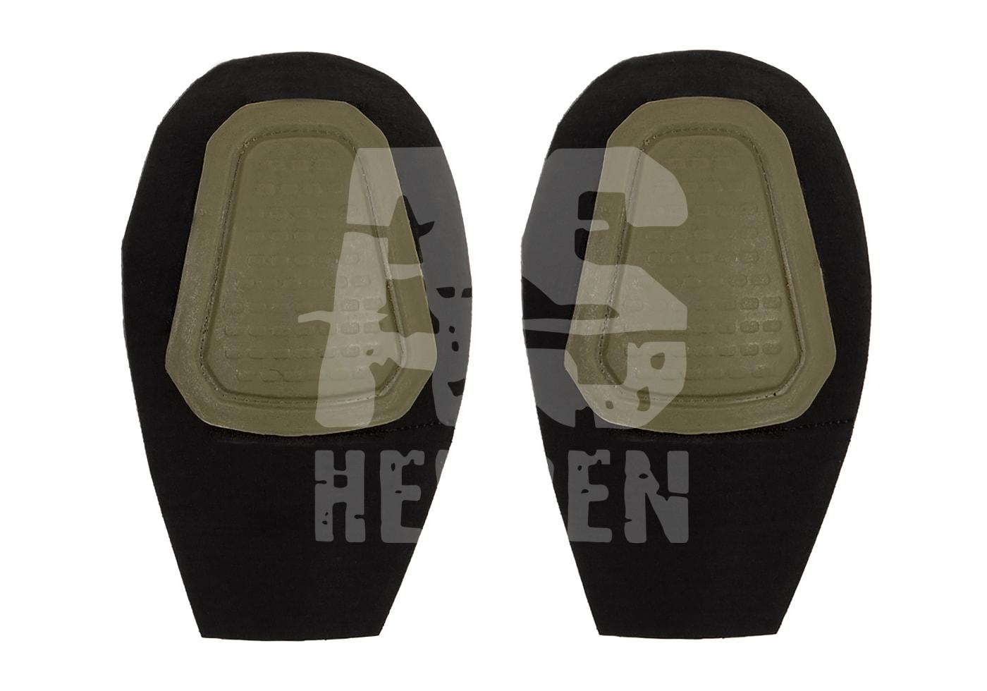 Zwei schwarze Kniepolster mit olivgrüner Verstärkung für Airsoft-Schutz.