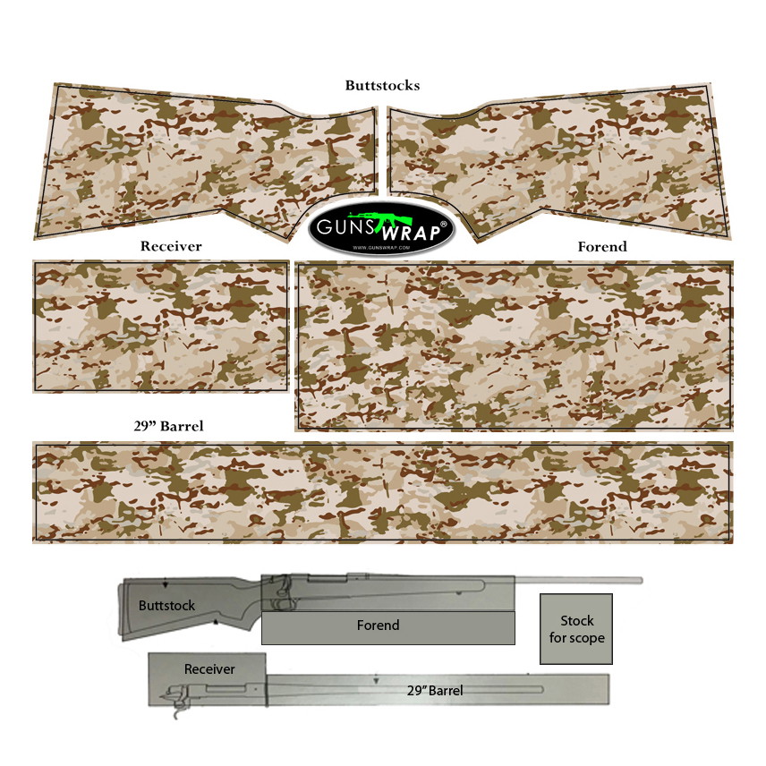 Camouflage-Gun-Wrap-Schablonen für Schaft, Lauf und Vorderschaft; Schnittmuster für Airsoft-Gewehr.