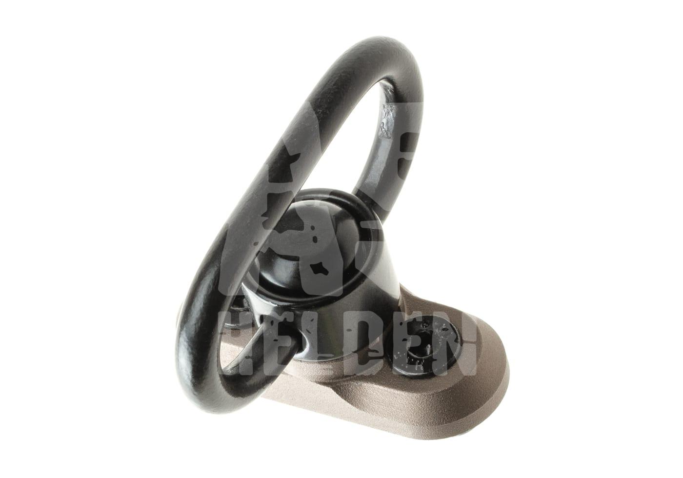 Schwarzer QD-Riemenhalter für Airsoft-Waffenmontage auf hellem Hintergrund.