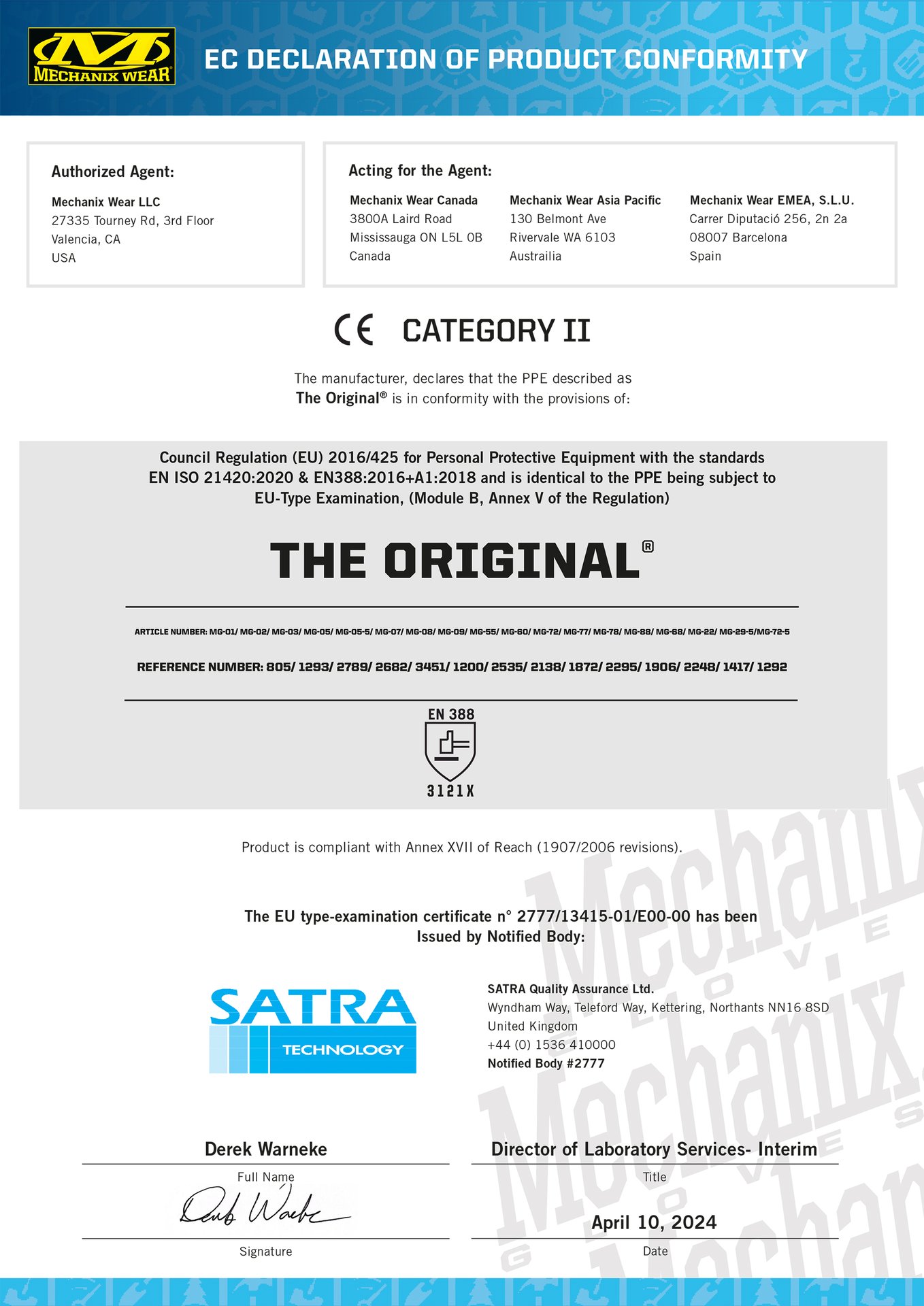 EU-Konformitätserklärung für persönliche Schutzausrüstung "The Original" von Mechanix Wear, Kategorie II.