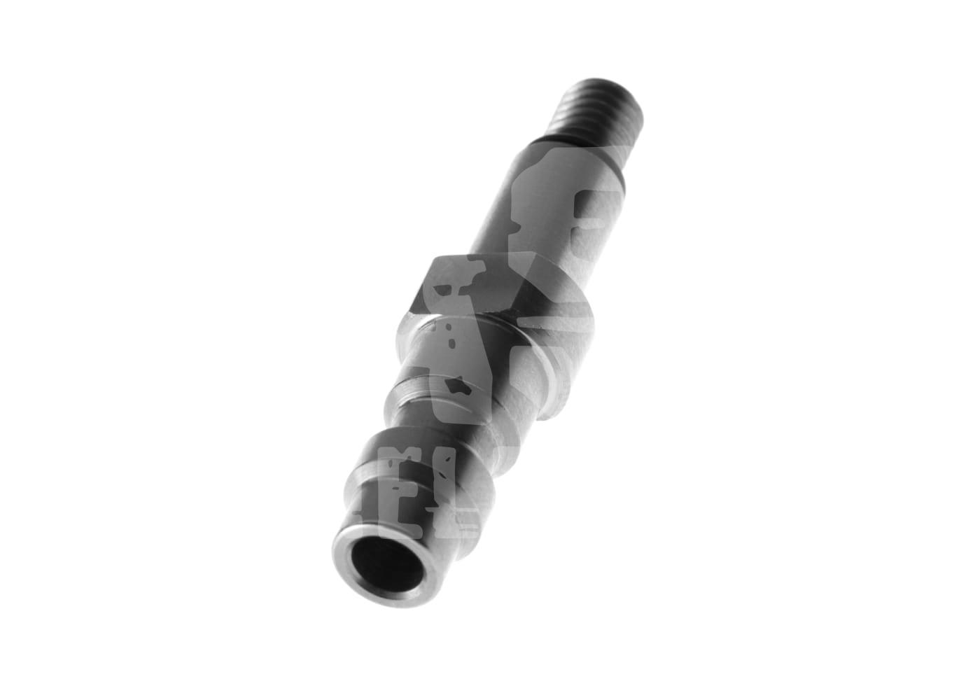 Airsoft Adapter für Gasflasche mit Schraubgewinde, schwarzes Metall, Seitenansicht auf weißem Hintergrund.