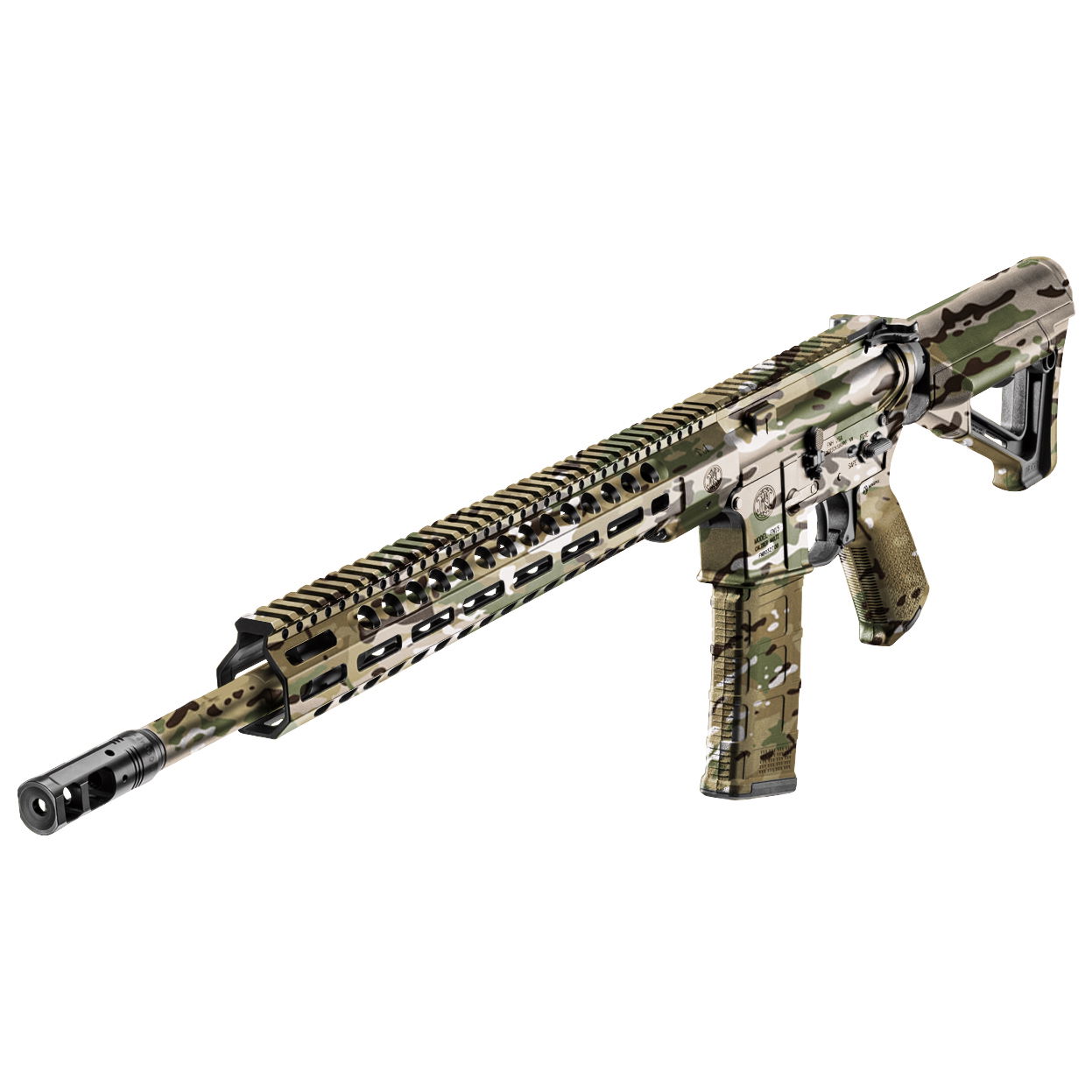 Airsoft-Gewehr, modernes Design, Tarnmuster, schlanker Handguard und verstellbare Schulterstütze, geeignet für taktische Spiele.