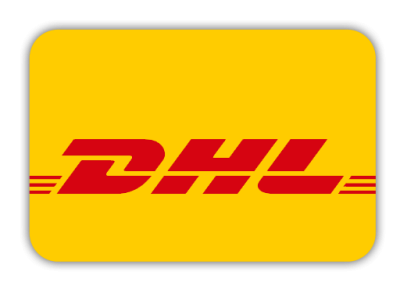 Gelbes Rechteck mit rotem DHL-Logo und stilisierten Streifen.