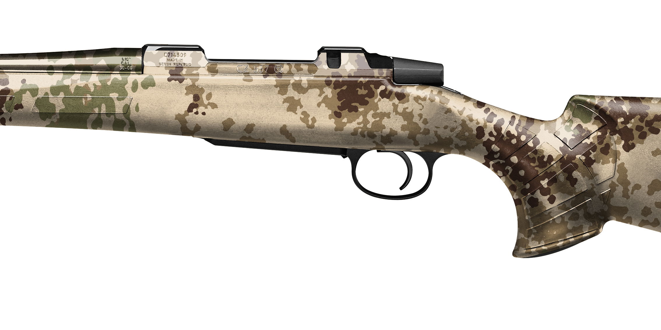 Airsoft-Gewehr mit Tarnmuster, seitliche Ansicht des Schafts und Abzugs.