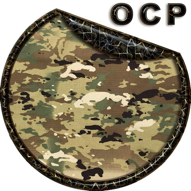 OCP-Camouflage-Muster auf rundem Hintergrund, realistisch und detailliert. Ideal für Airsoft-Tarnung.