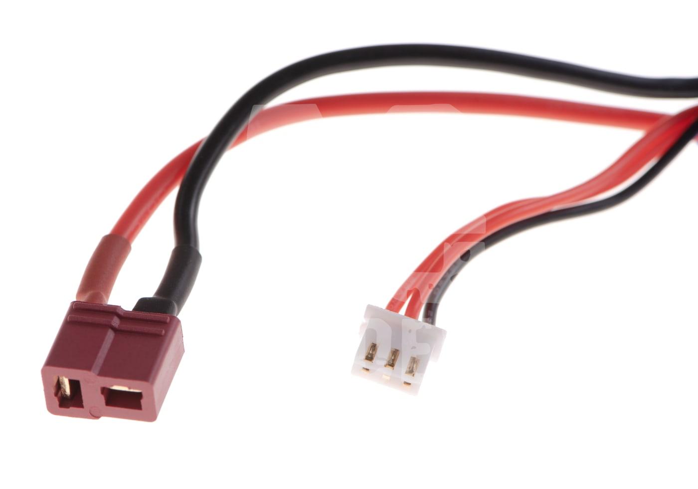 Rot-schwarze Airsoft-Verbindungskabel mit zwei verschiedenen Kunststoffsteckern.