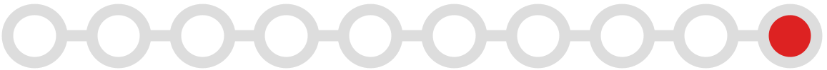 Acht graue Kreise in einer Reihe mit einem roten Kreis am Ende.