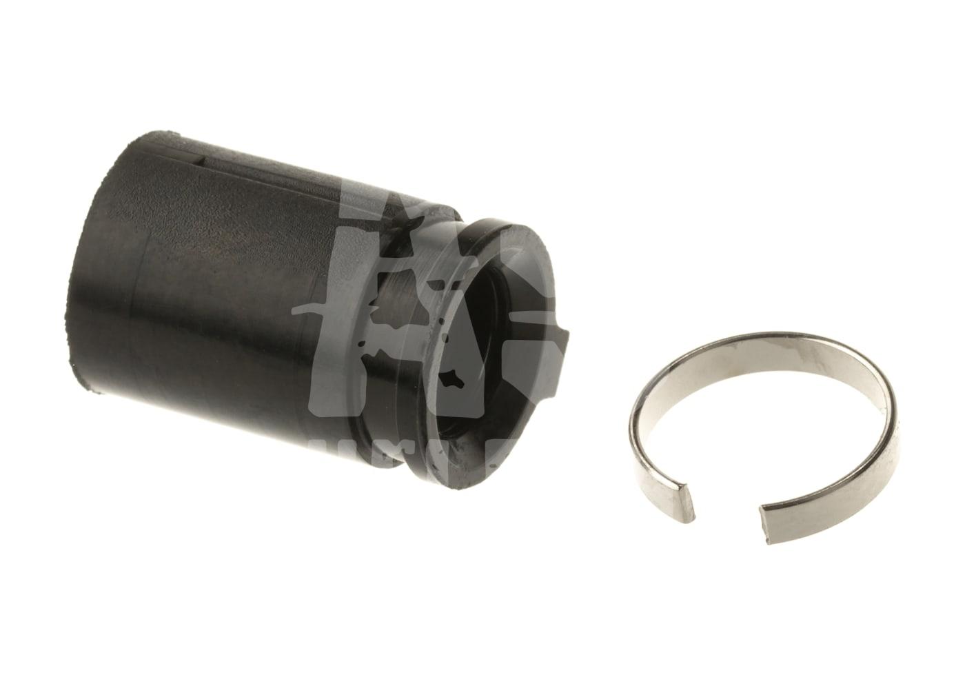 Schwarzes Kunststoffteil mit silbernem Metallring, vermutlich Zubehörteil für Airsoft-Waffen.