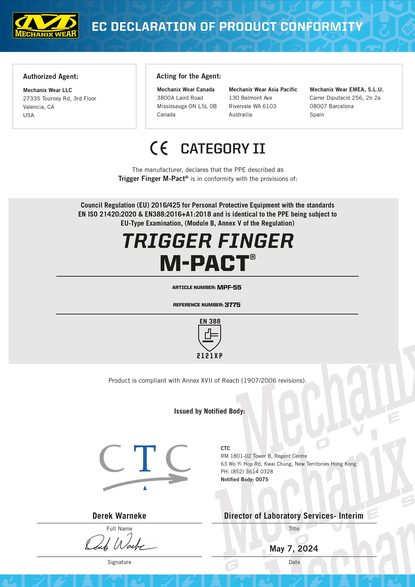 EU-Konformitätserklärung für Mechanix Wear Trigger Finger M-Pact Sicherheitshandschuhe, Kategorie II. Geprüft nach EN ISO 21420:2020.