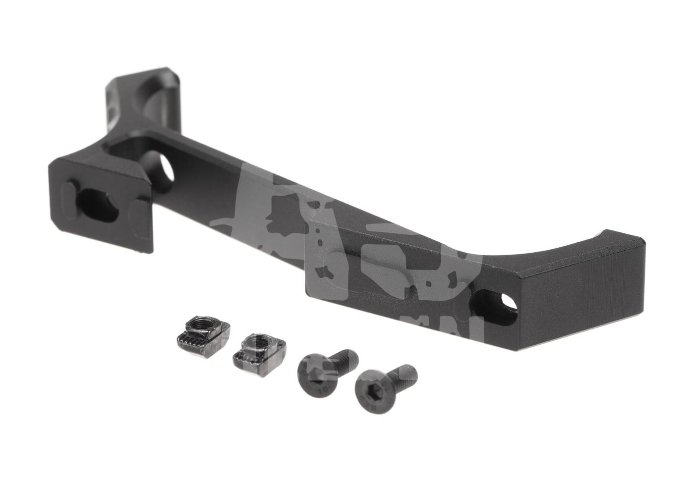 Schwarzer Airsoft-Magazin-Release-Verlängerungshebel mit Schrauben und Muttern, seitlich liegend.