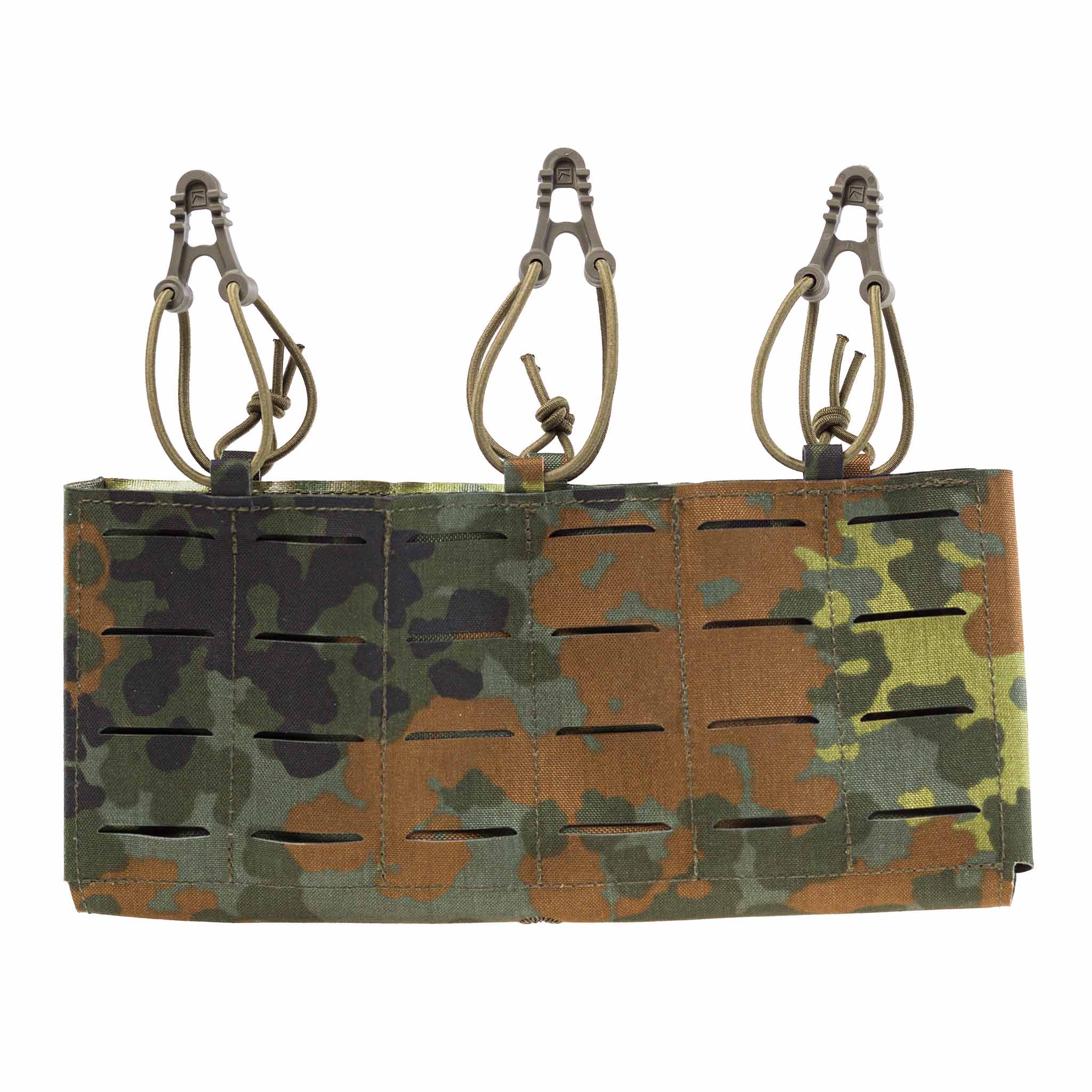 Taktisches Molle-Panel in Flecktarn, mit drei Schlaufen zur Befestigung von Ausrüstung. Ideal für Airsoft.