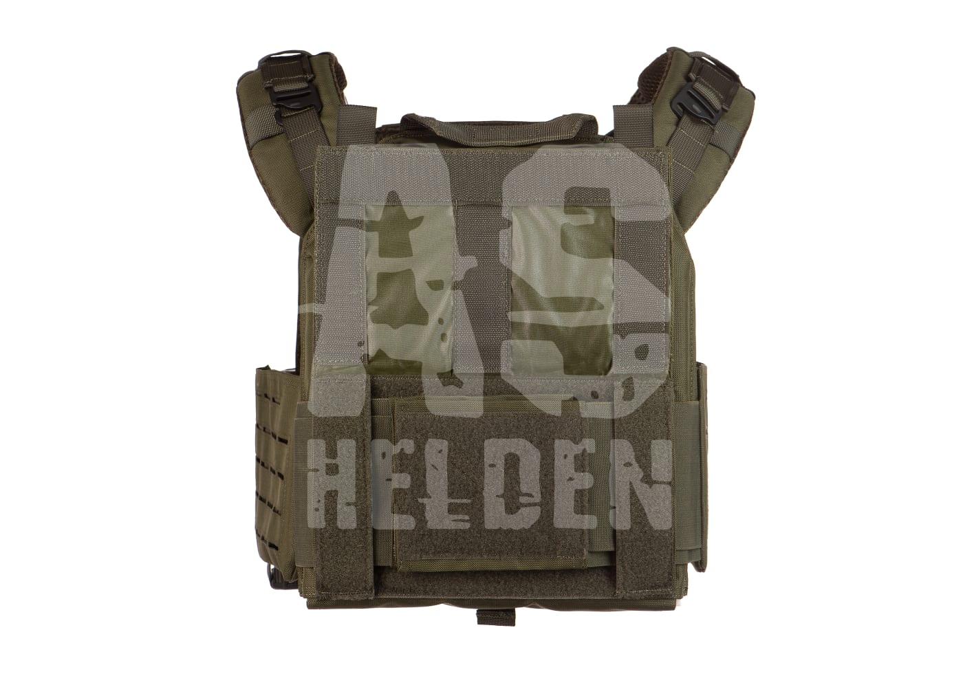 Reaper QRB Plate Carrier Tarnfarbene Airsoft-Weste mit verstellbaren Trägern und Taschen auf der Vorderseite.