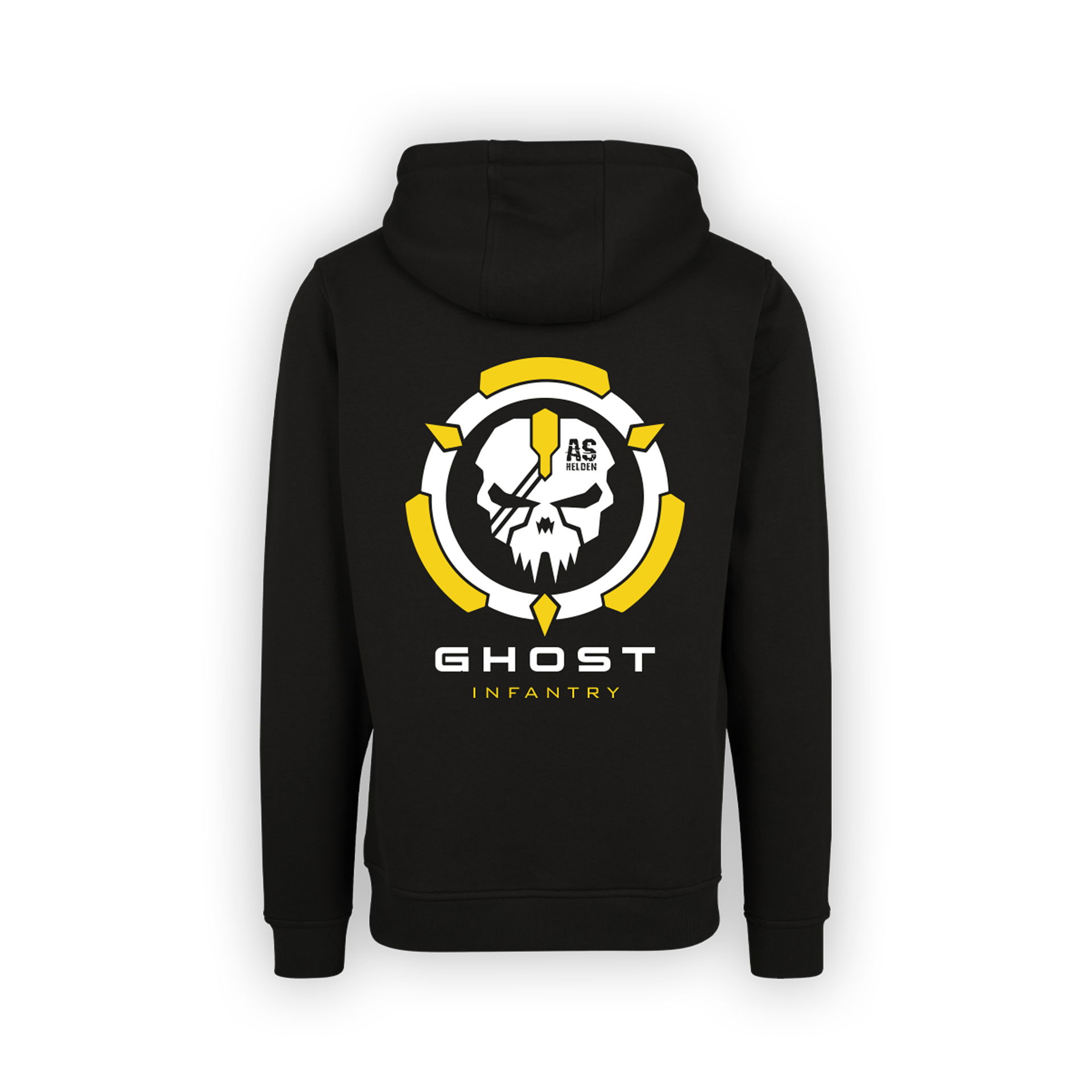 Schwarzer Hoodie mit "Ghost Infantry"-Logo auf dem Rücken in Gelb und Weiß, darunter "AS Helden".