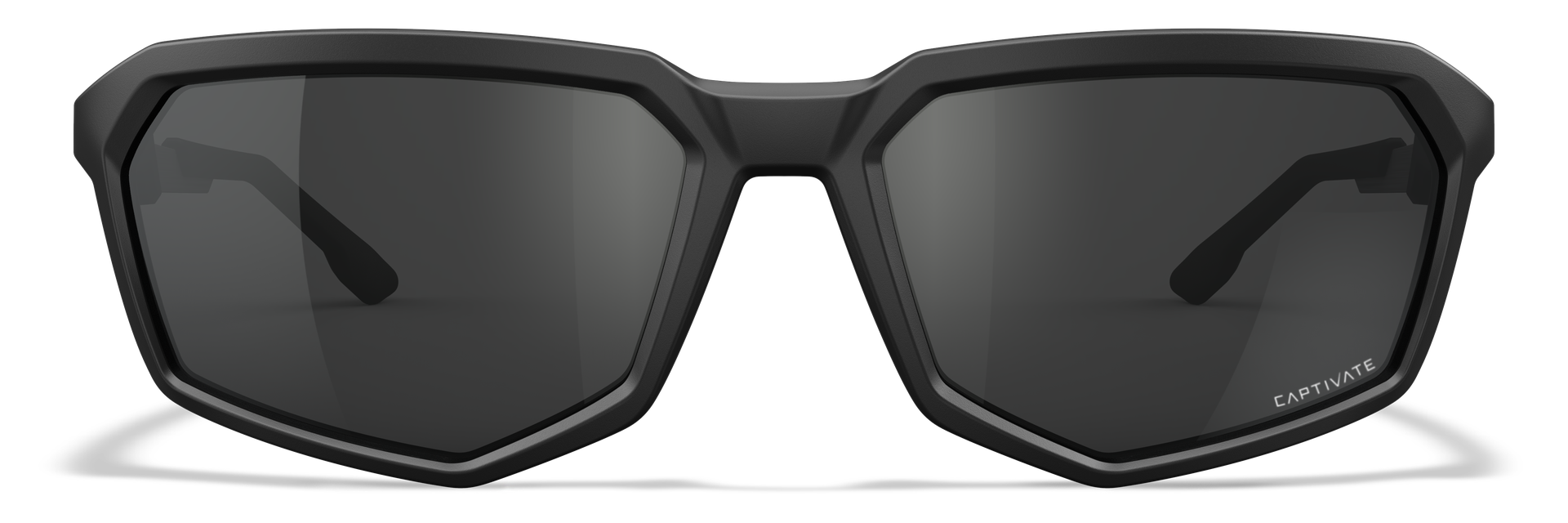 Schwarze Sonnenbrille mit eckigem Rahmen und dunklen Gläsern.