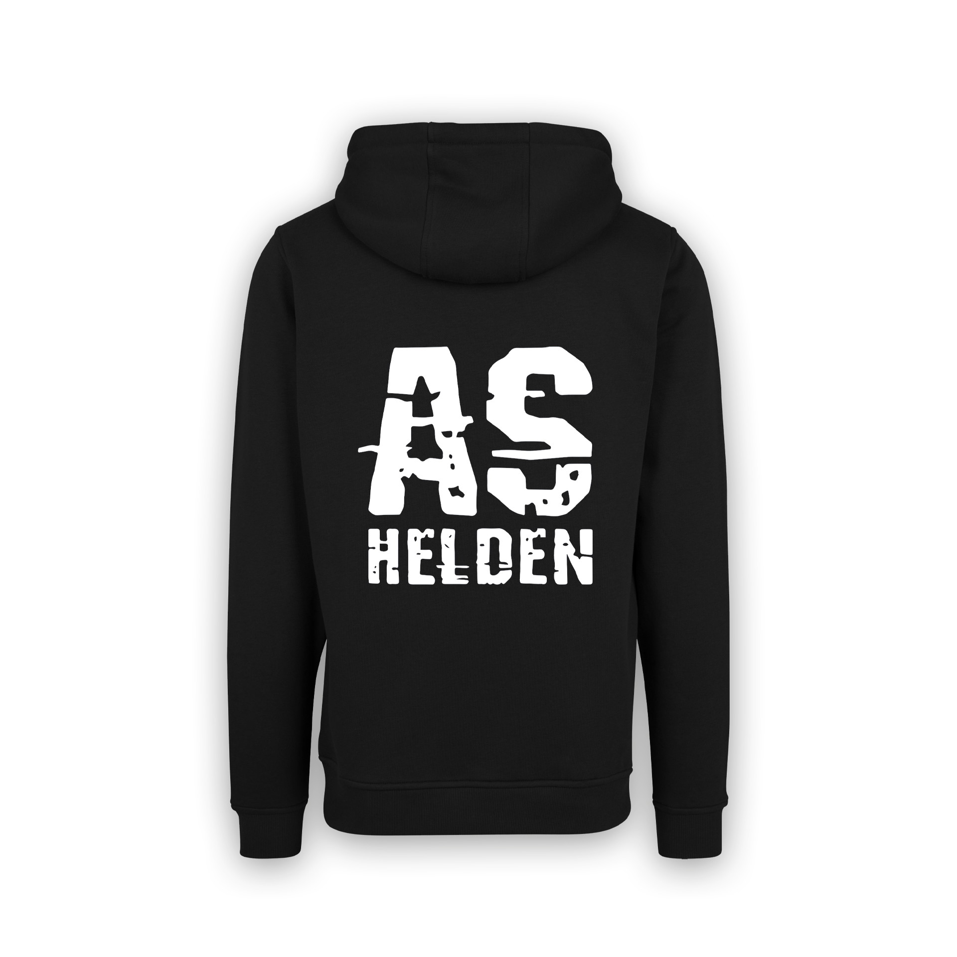 Schwarzer Hoodie mit "AS Helden" Aufdruck in Weiß auf dem Rücken.