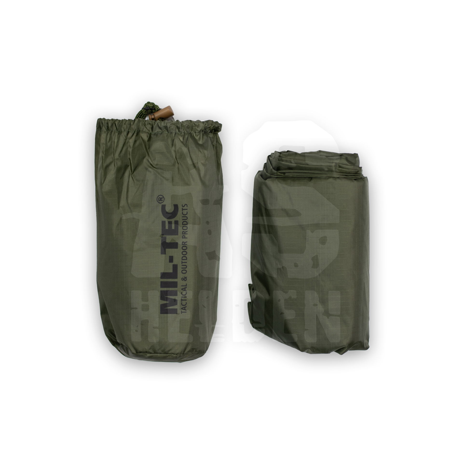 Grünes Mil-Tec Zelt in Transporthülle, ideal für Outdoor- und Airsoft-Aktivitäten.