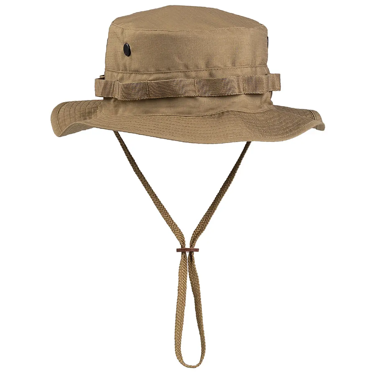 Khaki Boonie Hat mit Kinnband für Airsoft und Outdoor-Aktivitäten.