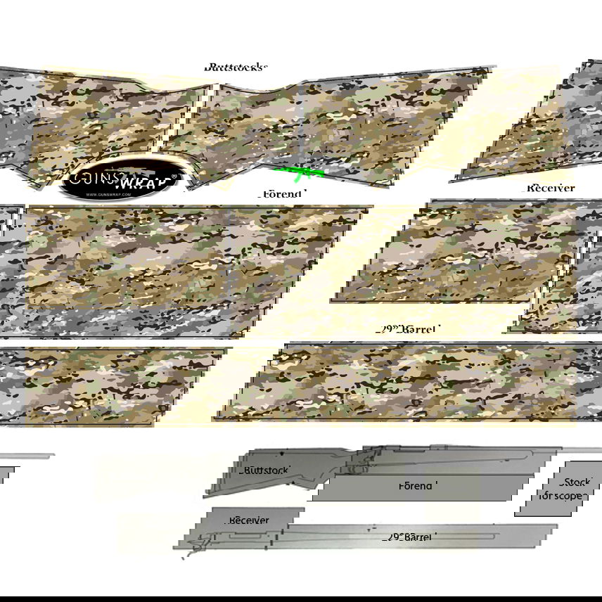 Tarnmuster für Gewehrteile: Schaft, Vorderschaft, 29" Lauf; Gunswrap-Logo in der Mitte.