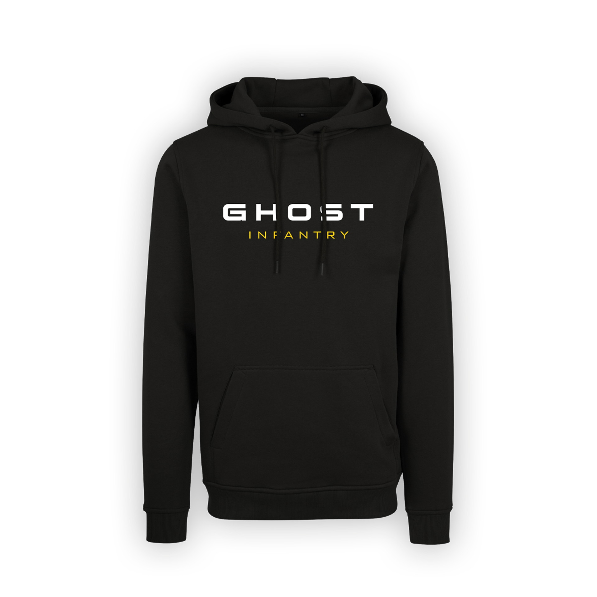 Schwarzer Hoodie mit „GHOST INFANTRY“-Aufdruck in Weiß und Gelb.
