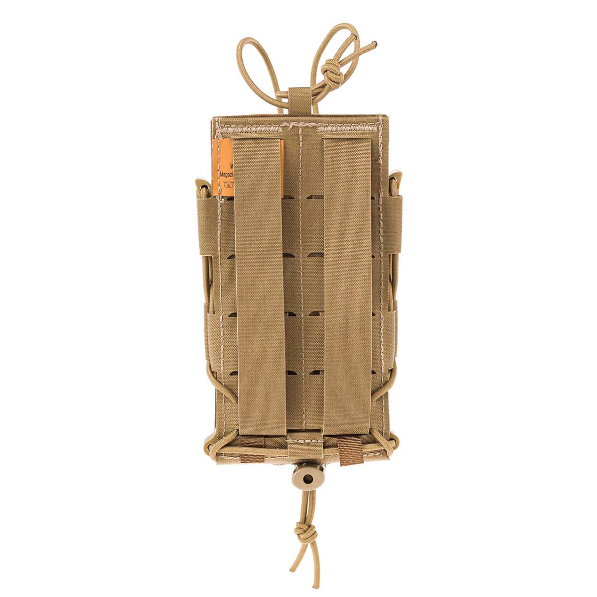 Tanfarbene taktische Molle-Tasche mit elastischen Befestigungen, ideal für Airsoft-Ausrüstung.