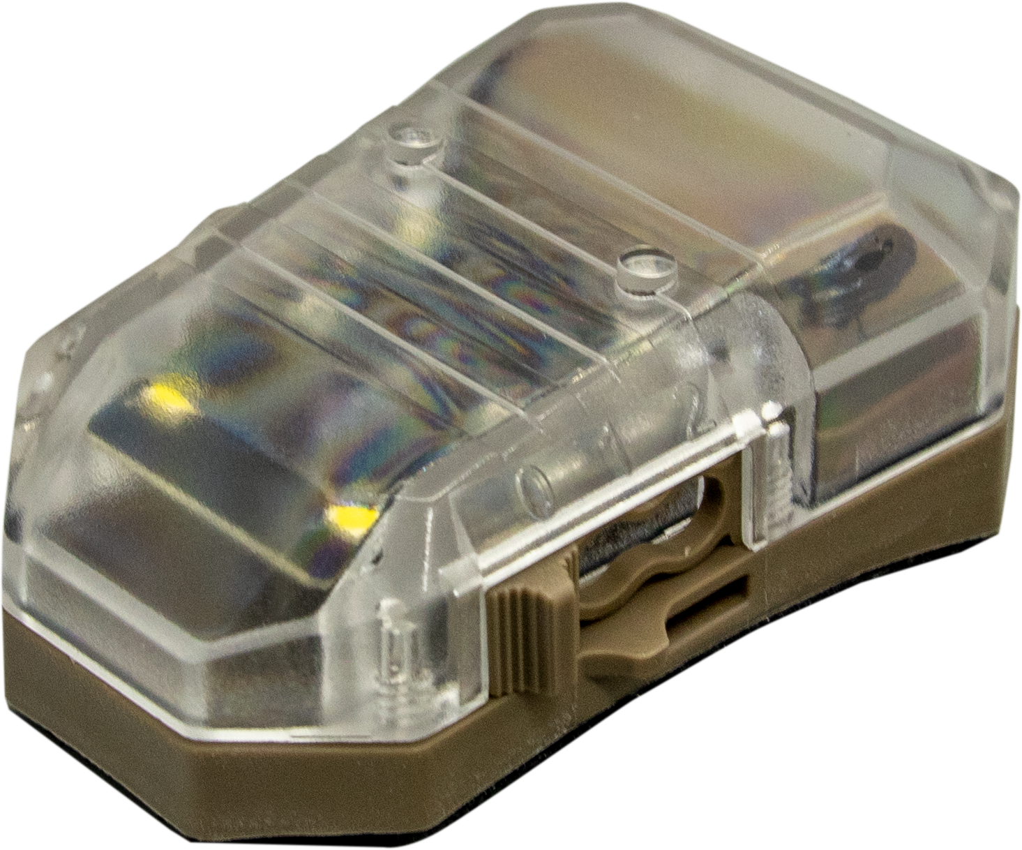 Earmor™ F101 Stealth Helmet Light Transparentes Airsoft-Blinklicht mit braunem Gehäuse und Regenbogenreflexionen. Ideal für taktische Spiele.