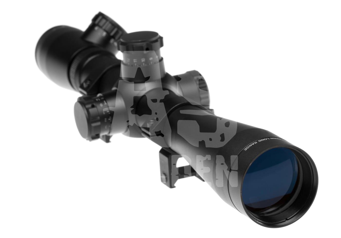 Schwarzes Zielfernrohr mit blauer Linse und Verstellknöpfen für Airsoft-Gewehre.