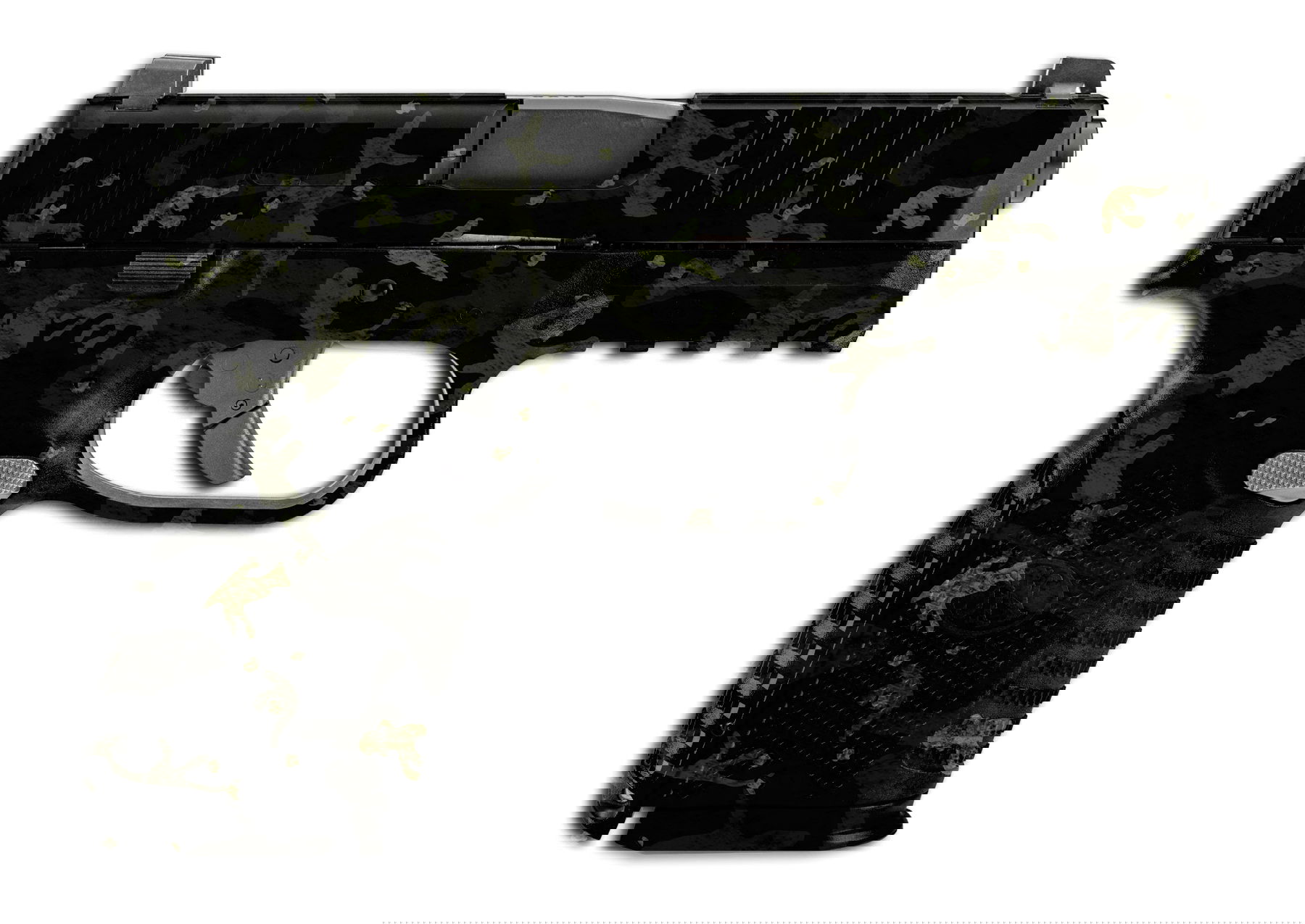 Tarnmuster-Pistole in Seitenansicht, ideal für Airsoft-Spiele.