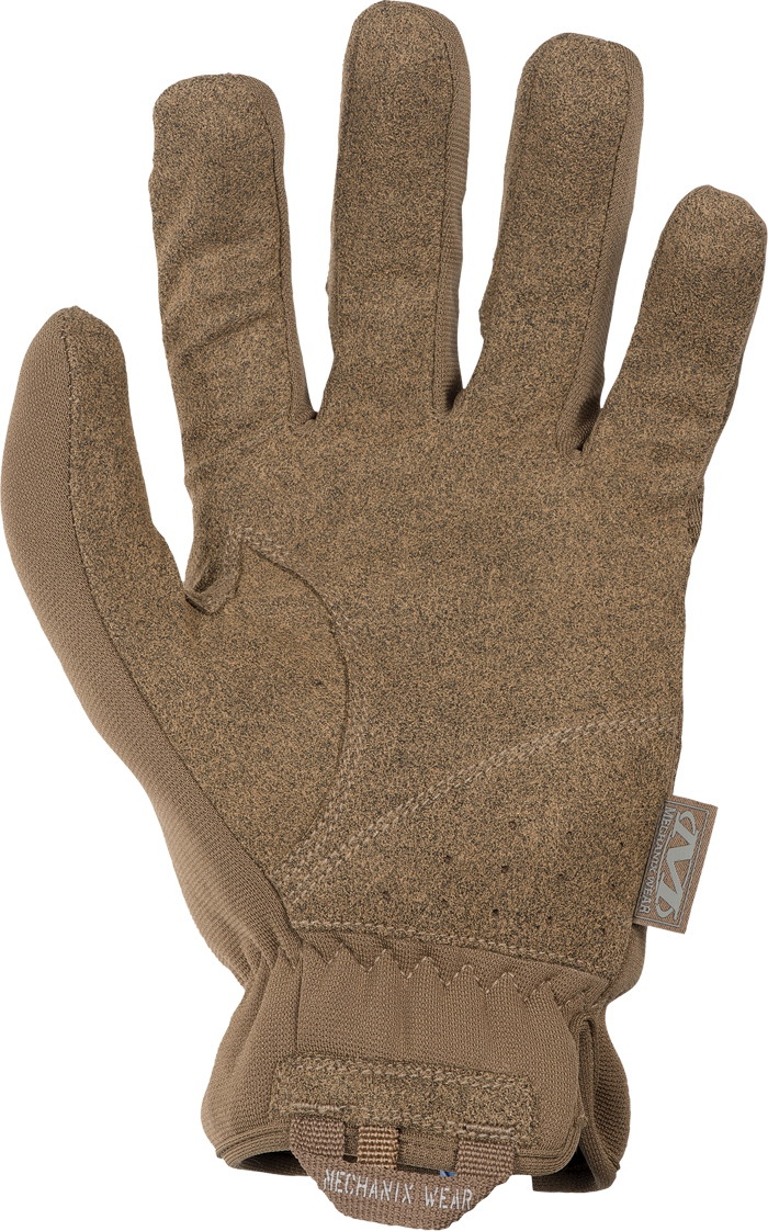 Brauner Airsoft-Handschuh mit Textur, verstärkter Innenfläche und Klettverschluss am Handgelenk.