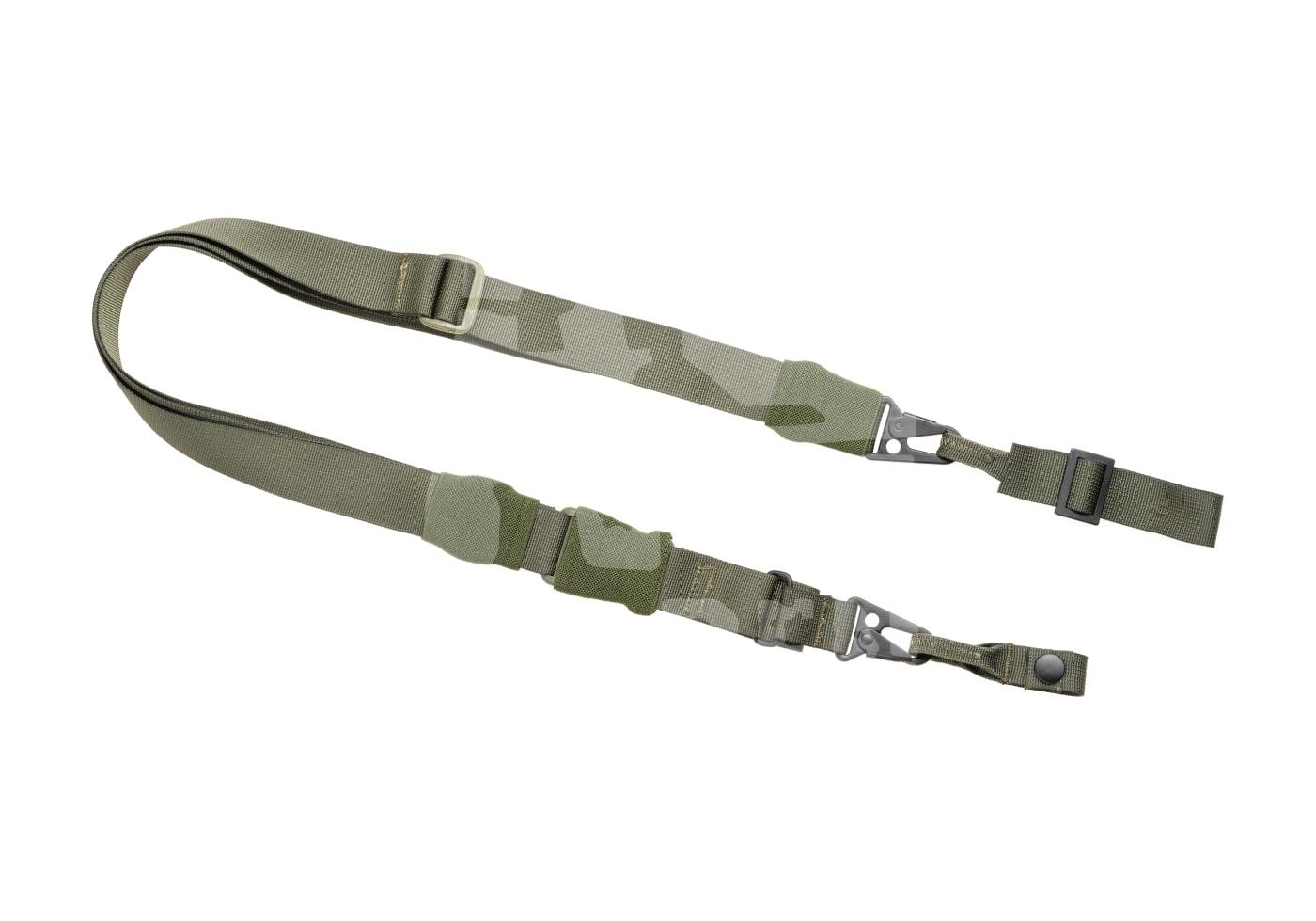 Taktischer Gewehrriemen in Grün mit Camouflage-Muster und Metallschnallen für Airsoft-Waffen.