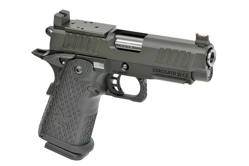 Airsoft-Pistole, Modell Staccato C2, mit dunklem Finish, strukturiertem Griff und leuchtenden Visiermarkierungen.