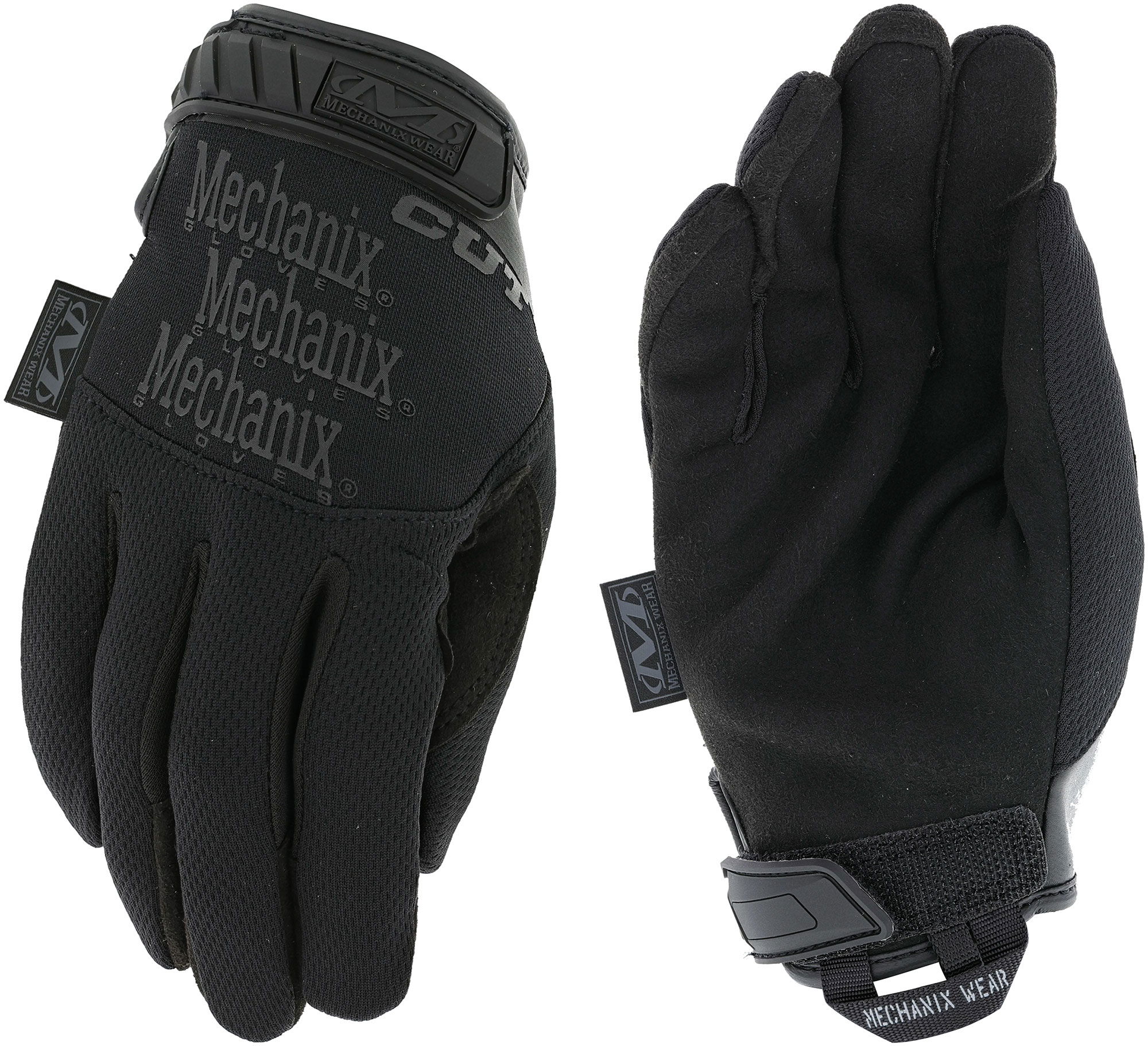 Schwarze Mechanix-Handschuhe, robust und mit Klettverschluss, ideal für Airsoft-Spiele.