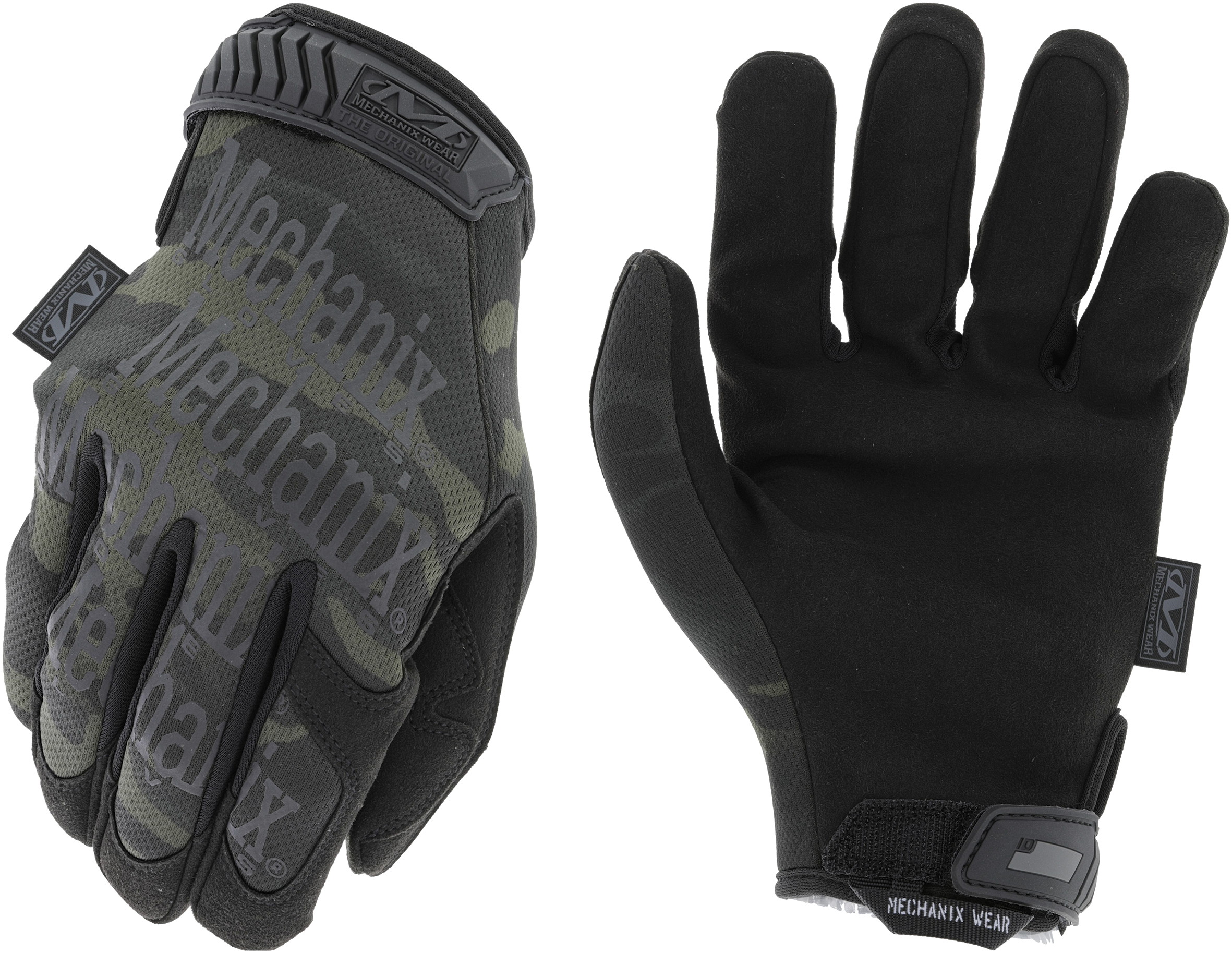 Taktische Handschuhe in Camo-Design mit Mechanix-Logo, Handfläche schwarz, robuste Verarbeitung für Airsoft-Einsätze.