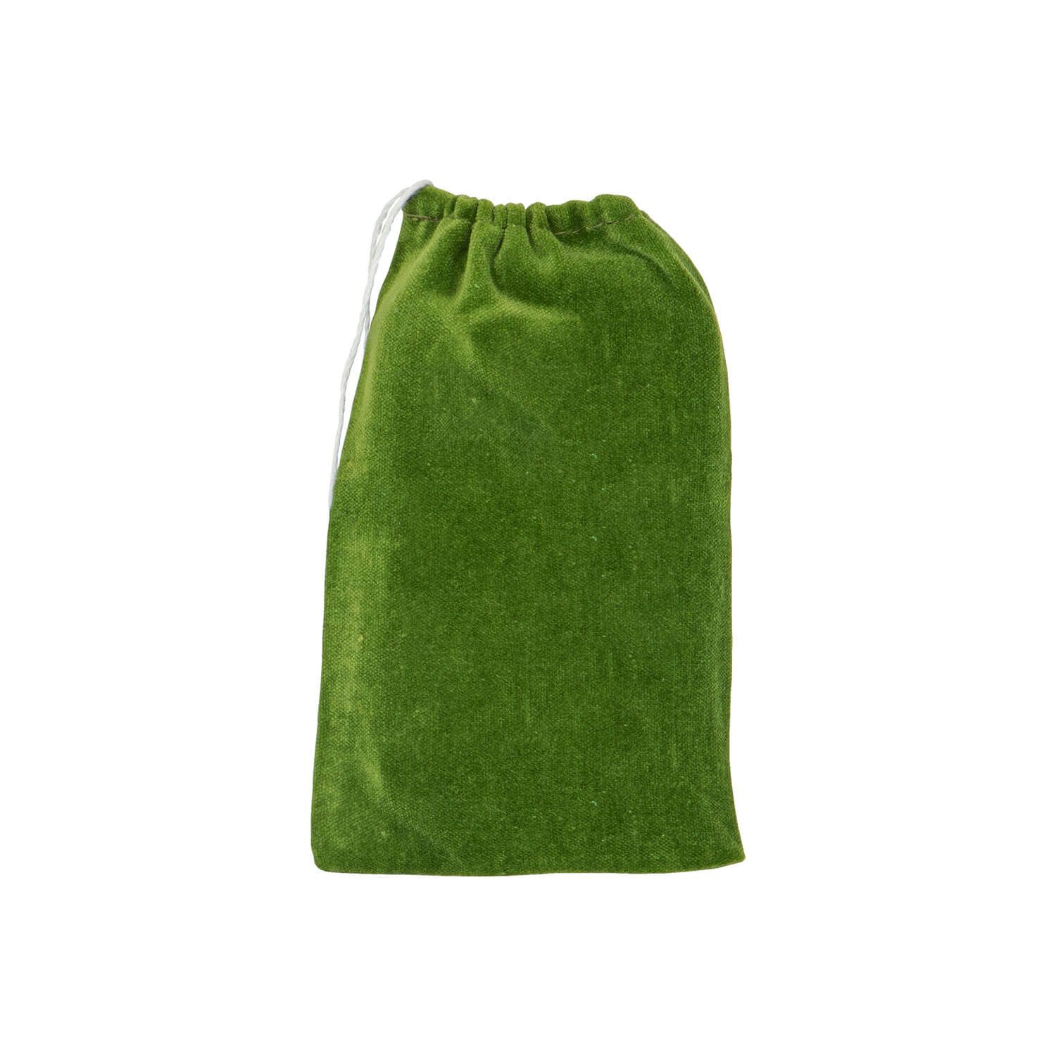 Grüner Samtbeutel mit Kordelzug, ideal für Airsoft-Zubehör.