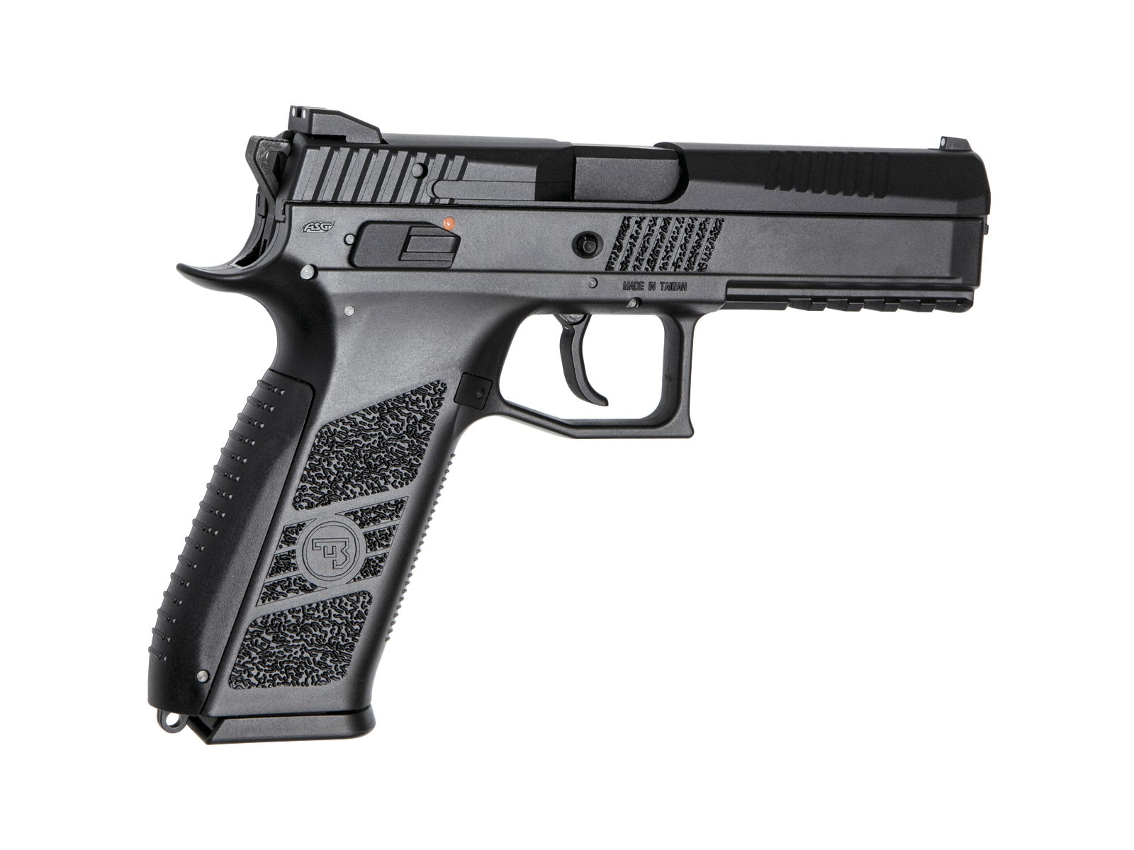 Schwarze Airsoft-Pistole, rechte Seitenansicht, mit strukturiertem Griff und taktischen Details.