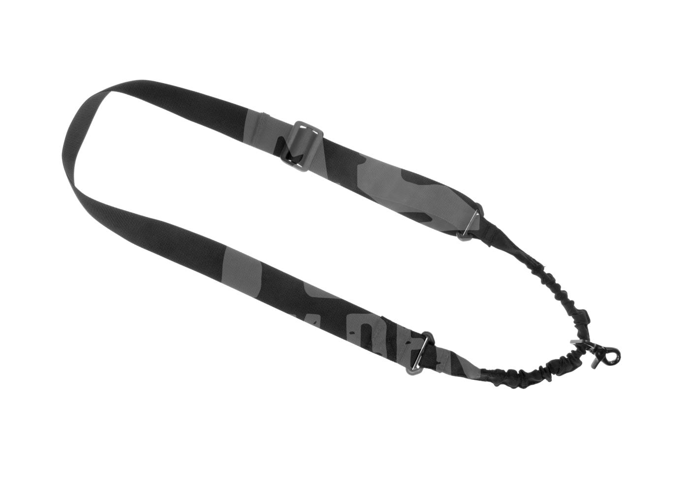 Ein schwarz-grauer taktischer Gewehrriemen mit Camouflage-Muster und Karabinerhaken für Airsoft.