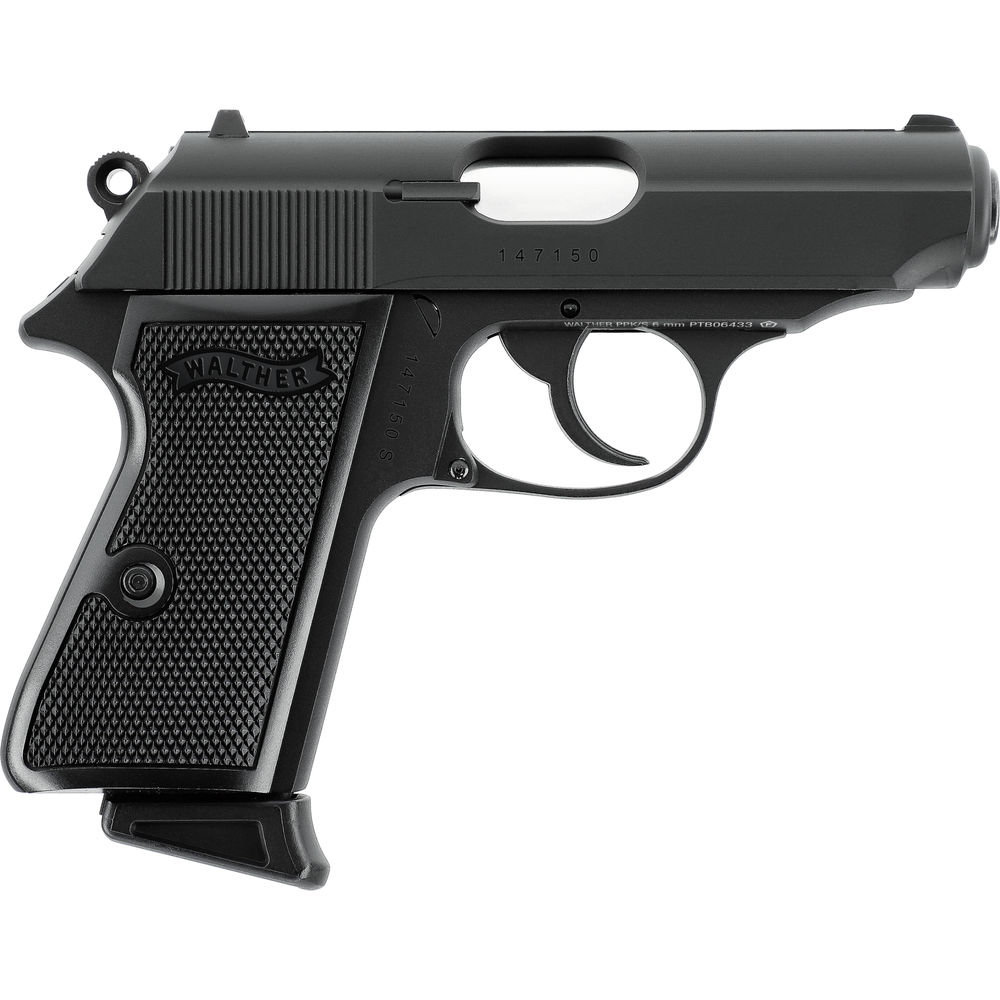 VFC Walther PPK/S GBB schwarz Schwarze Airsoft-Pistole, linke Seitenansicht, mit strukturiertem Griff und Abzug.