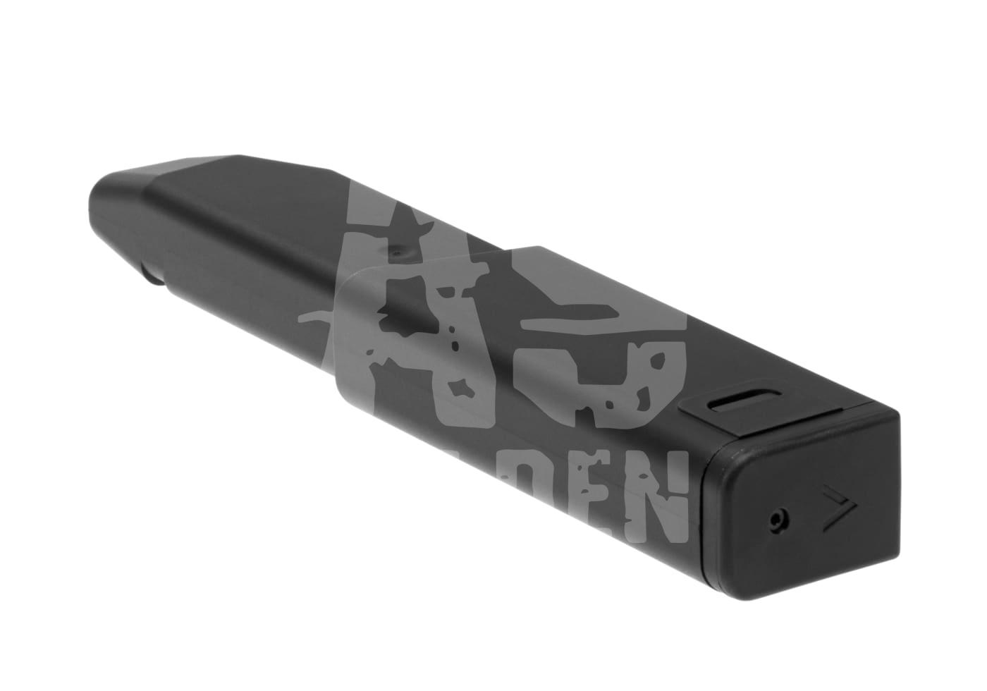 Schwarzes Airsoft-Magazin in Winkeldarstellung mit Logo-Wasserzeichen.