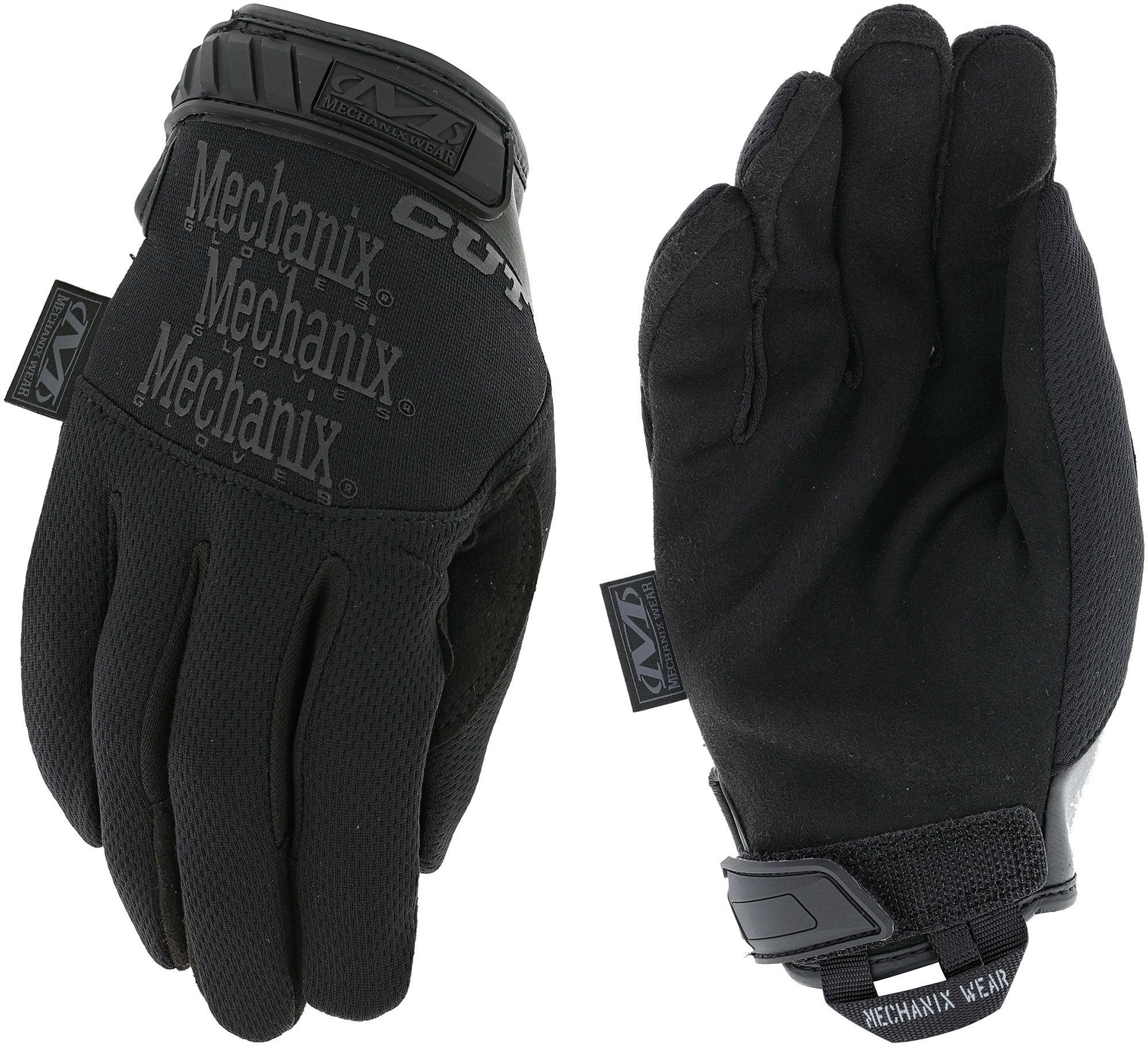 Schwarze Mechanix-Handschuhe, robust und mit Klettverschluss, ideal für Airsoft-Spiele.