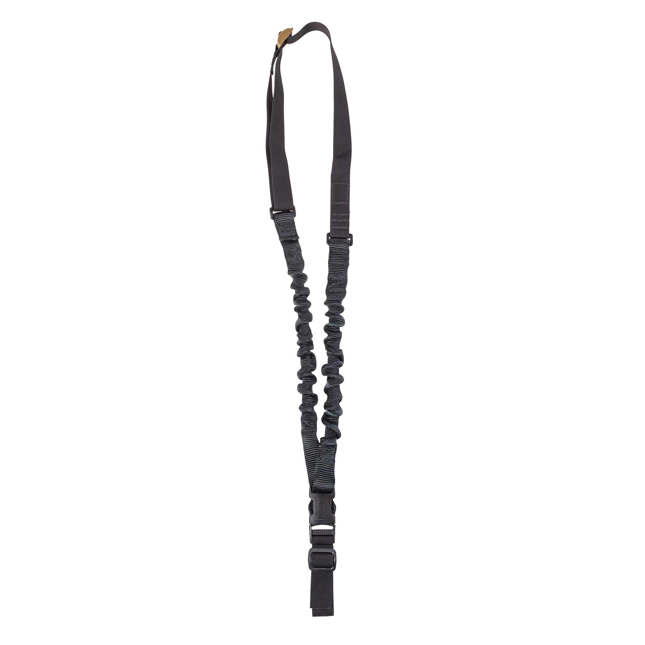 Schwarzer taktischer One-Point-Gewehrgurt mit elastischem Bungee-Design und Kunststoffschnalle.