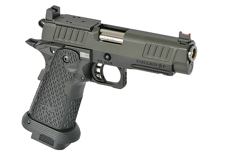 Taktische Airsoft-Pistole mit strukturiertem Griff und erweiterter Visierung, ideal für Präzisionsschießen.
