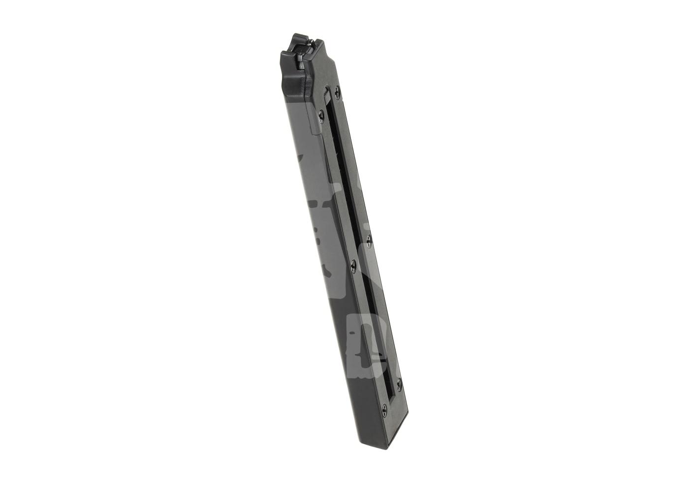 Schwarzes Airsoft-Langmagazin in Seitenansicht, schmal und robust.