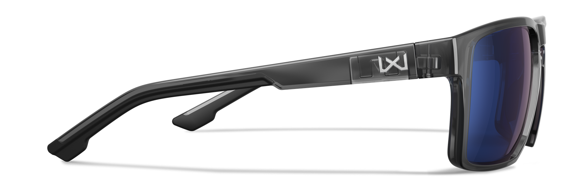 Schutzbrille mit dunklen Gläsern und schwarzem Rahmen, seitliche Ansicht. Ideal für Airsoft.