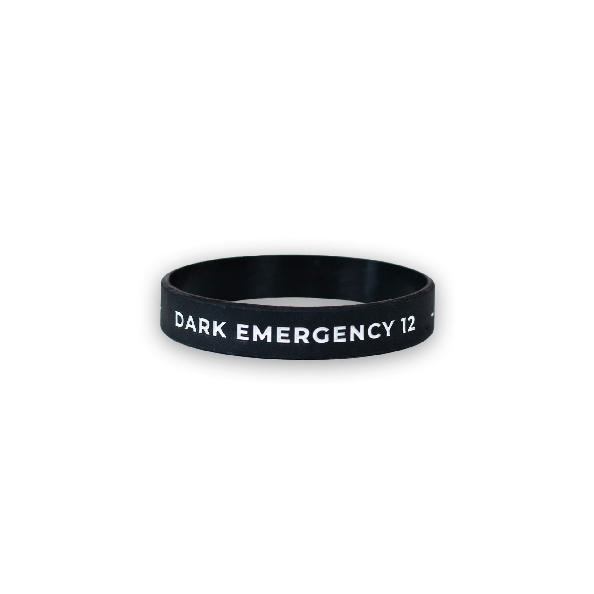 Schwarzes Silikonarmband mit weißem "Dark Emergency 12" Aufdruck, für Airsoft-Event.