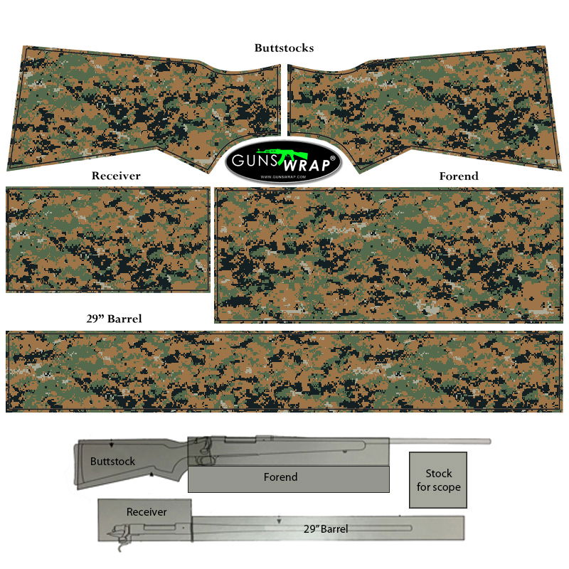 GunsWrap Rifle Skins Tarnmuster-Folie für Gewehr, zeigt Schaft, Vorderschaft und Lauf in digitalem Waldtarn.